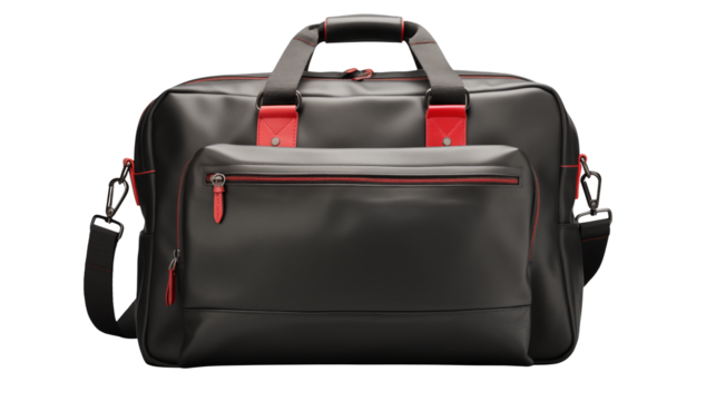 Stylish black business bag with red accents ideal for travel and professional use, photographed isolated on transparent background