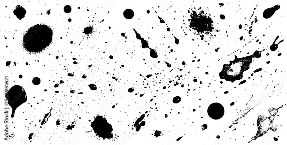 Poster chaotic black ink splatters and drops on white background for creative design projects