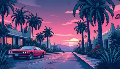 Classic car driving on palm tree lined road during sunset