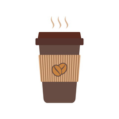 Vector illustration of a hot takeaway coffee cup with brown corrugated sleeve and coffee bean logo, emitting steam. Perfect for representing coffee shops, morning routines, or a caffeine pick-me-up on