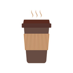Flat vector of a hot takeaway coffee cup with a dark lid and ribbed kraft sleeve. Ideal for cafe branding, beverage icons, morning routines, or food and drink themed designs.