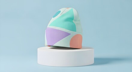 A pastel-colored beanie with geometric patterns displayed on a minimalist white pedestal against a light blue backdrop.