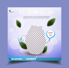 Sweetness dairy strawberry flavor vanilla ice cream, scoops presant, advertising post, Sweet cold dessert, Refreshment treat template