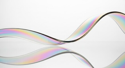 Abstract Iridescent Ribbon Floating Against White Background With Soft Reflections