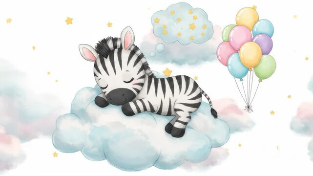 Adorable Baby Zebra Sleeping on Cloud with Balloons - A cute cartoon zebra is peacefully sleeping on a fluffy cloud, dreaming of stars.