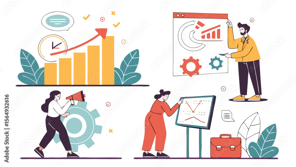 Poster diverse professionals working on data-driven presentations and project planning in a modern, collabo