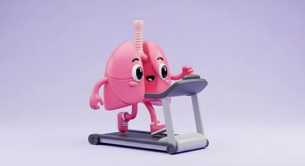 Animated lungs with arms and legs exercising on a treadmill, promoting health.