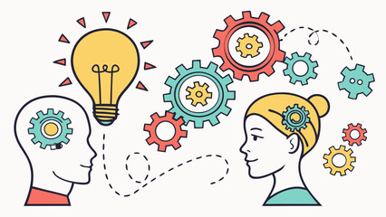 Illustration of two heads exchanging ideas, highlighted by gears and a light bulb, symbolizing creativity and collaboration.