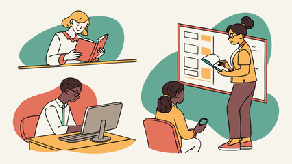 A diverse group of individuals engaged in various educational activities; reading, writing, and collaborating.