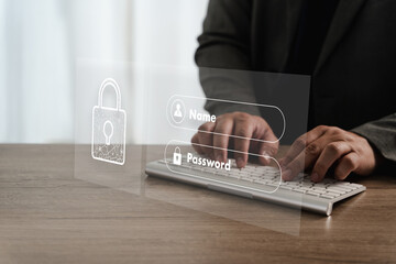 Cybersecurity Data privacy Person entering login details transparent digital interface with...