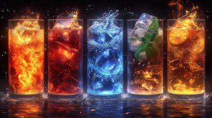 Vector fantasy bar drink set: 5 glasses, elemental themes (fire, ice, earth, air, void)