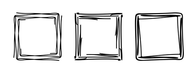 Square doodle stamp frames, hand-drawn wavy curly monograms. Edgings and cadres with simple sketchy scribble swirl design elements. Isolated. Vector illustration.