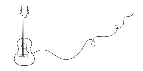 Ukulele musical concept one line art, hand-drawn playing Hawaiian string instrument drawing continuous contour. Acoustic small guitar outline melody minimalist symbol. Editable stroke. Isolated.