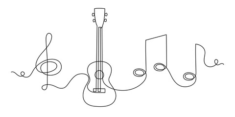 Ukulele musical concept one line art, hand-drawn playing Hawaiian string instrument drawing continuous contour. Acoustic small guitar outline melody with treble clef and notes. Editable stroke. 