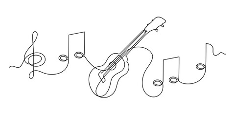 Ukulele musical concept one line art, hand-drawn playing Hawaiian string instrument drawing continuous contour. Acoustic small guitar outline melody with treble clef and notes. Editable stroke. 