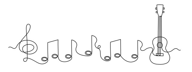 Ukulele musical concept one line art, hand-drawn playing Hawaiian string instrument drawing continuous contour. Acoustic small guitar outline melody with treble clef and notes. Editable stroke. 