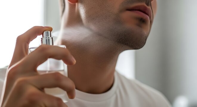 A close-up shot of an unrecognizable man applying cologne to his neck, a concept of male grooming and personal hygiene.