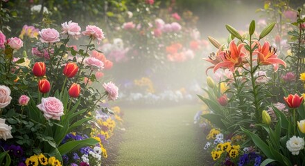 A flower-lined path leads through a misty, colorful garden filled with roses, lilies, tulips, and other blossoms.