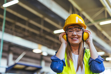 Female Worker Smiling in Safety Gear at Industrial Manufacturing Facility