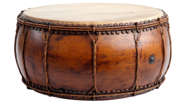 Traditional Music Wooden Drum with Natural Finish and Handcrafted Design Ideal for Percussion Practice or Cultural Performance Isolated on White Background