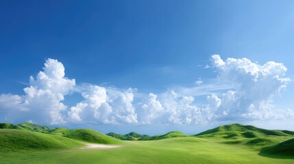 Obraz premium Exquisite Green Rolling Hills Under Bright Blue Sky and Fluffy Clouds
