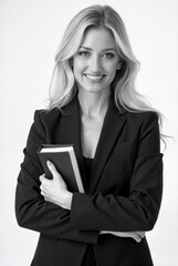 Smiling Businesswoman Holding Book in Studio Portrait