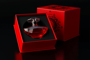 Red Faceted Perfume Bottle in Ornate Black-Lined Box