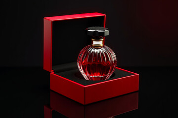 Red Round Perfume Bottle with Gold Detail in Ornate Red Box, Romantic Luxe Reveal on Black Surface