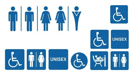 Collection Of Blue And White Restroom Signs For Men Women Unisex And Accessibility Against White Background