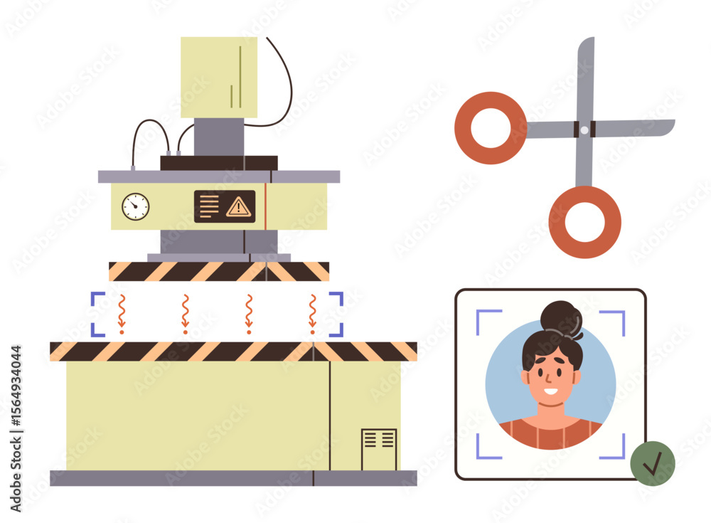 Poster machine processes and cuts photo with scissors, facial recognition, and safety elements. ideal for i