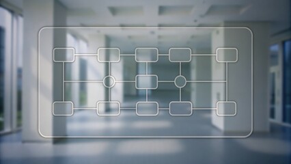 A transparent flowchart overlay appears on a blurred modern office interior, symbolizing business processes or organizational structure.