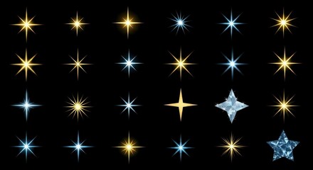 Collection Of Sparkling Stars In Various Colors Isolated On Black Background