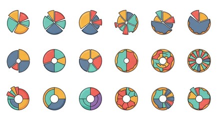 Collection Of Various Colorful Pie Charts On White Background for Business Statistics And Data Representation