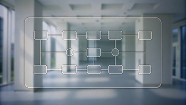 A transparent flowchart overlay appears on a blurred modern office interior, symbolizing business processes or organizational structure.