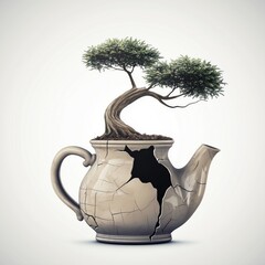 Bonsai tree growing from a cracked teapot Vector illustration. isolated on white background, detailed, high resolution, professional photograph - generated AI
