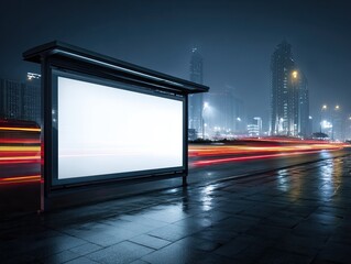 Empty White Blank Billboard Advertisement In Urban Night Scene