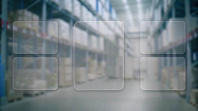 A large warehouse interior with shelving, storage boxes, and five transparent digital interface panels overlayed.