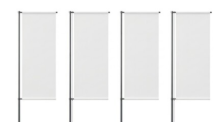 Four White Vertical Banners On Black Poles Isolated On White Background For Advertisements