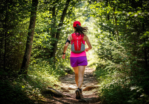 A woman trail running through a forest path, wearing a red backpack and sports gear. Perfect for content on outdoor fitness, hiking, and active lifestyles in nature.
