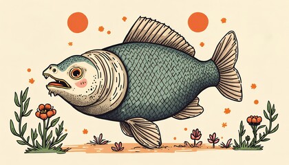Cartoon Fish with Orange Flowers and Circles