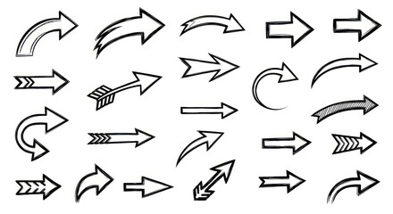 Hand Drawn Arrow Illustrations Set In Black and White Showing Different Directions for Web and Graphic Design