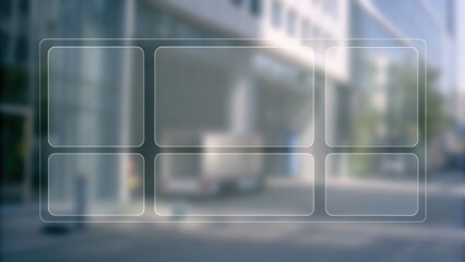 A blurred cityscape background with a transparent digital user interface grid overlay featuring six rectangular boxes.