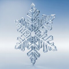 Intricate Snowflake Crystal Macro Photography against a Light Blue Gradient Background Showcasing Delicate Transparent Structures