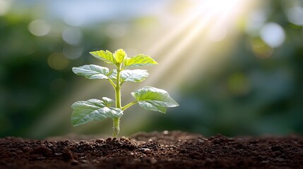 New Plant Sprout Emerging from Soil Under Bright Sunlight Rays