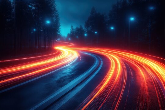 Futuristic tunnel abstraction with glowing blue and red light trails