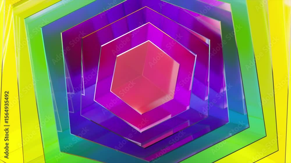 Poster glassy hexagonal shapes create a mesmerizing tunnel effect, rotating slightly and shifting colors fr