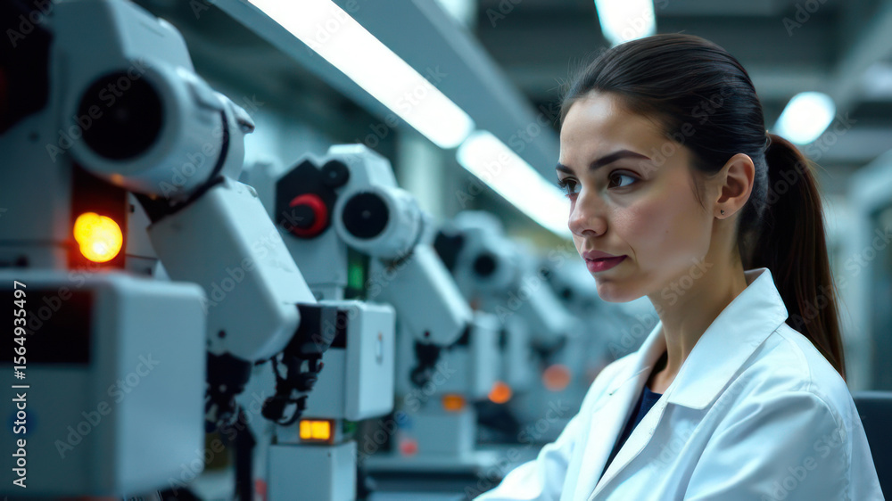Poster female scientist in lab coat observing robotic arms in modern laboratory. technology and innovation 