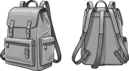 Modern flap-top buckle backpack sketch front and rear view