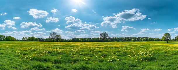 Fototapeta premium Beautiful spring landscape with green grass, trees, and a blue sky with clouds. Panoramic view of a meadow full of yellow dandelion flowers. Wide-format background for banner design. Wide-angle lens.