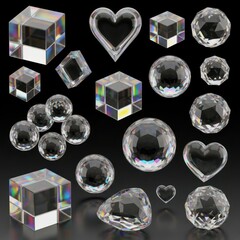 Multifaceted Crystal Objects Arranged On Dark Reflective Surface With Varying Shapes Including Cube Sphere and Heart